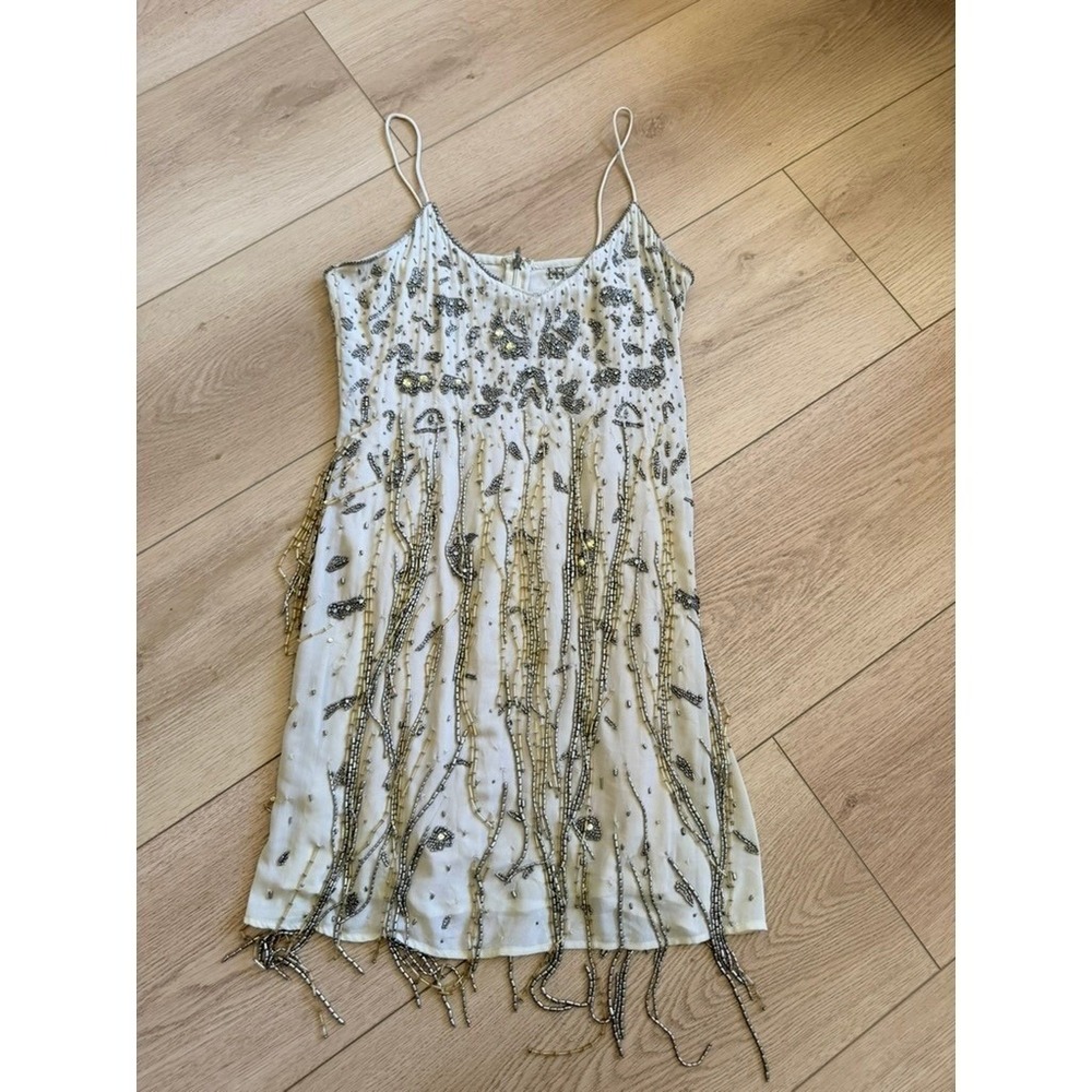 Haute Hippie Beaded Fringe Mini Dress Cream Silver Gold Flapper‎ Style Size 0 - Picture 4 of 12